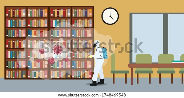 Vector illustration for library\
disinfectant during lock down, whole world sanitize for deadly\
covid 19 disease, \
global attack of corona virus-concept\
background