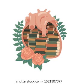 Vector illustration of library in heart. Decorated with tea roses and green branches. Isolated on white background.