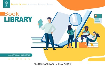 Vector illustration. Library, learning, science. European and african american students study and work in library, ethnic, African, people. Business presentation of the book. Green, yellow design