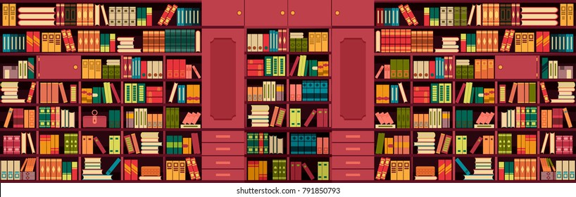 vector illustration library shelves bookshelves library flat style