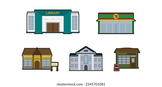 Vector Illustration of Library, Supermarket, School, Bank, Cofee Shop