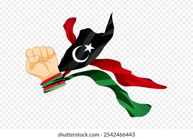 Vector illustration of Libya flag wrapped on fist hand on transparent background