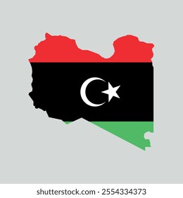 Vector illustration of Libya map overlaid with the national flag, highlighting the country's geographic outline combined with its national colors.