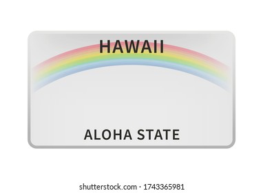 Vector illustration of a license plate of the American state of Hawaii isolated on a white background. Realistic Hawaii car number with rainbow.