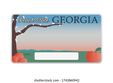 Vector illustration of a license plate of american state of Georgia isolated on white background. Georgia realistic car number, peach tree and fruits on gradient background