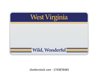 Vector illustration of a license plate of the American state of West Virginia isolated on a white background. Realistic West Virginia car number with blue and yellow stripes.