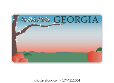 Vector illustration of a license plate of american state of Georgia isolated on white background. Georgia realistic car number, peach tree and fruits on field background