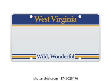 Vector illustration of a license plate of the American state of West Virginia isolated on a white background. Realistic West Virginia car number, blue and yellow stripes and text: wild, wonderful.