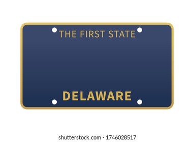 Vector illustration of a license plate of american state of Delaware isolated on white background. Realistic car number Delaware state, yellow text on a blue background.