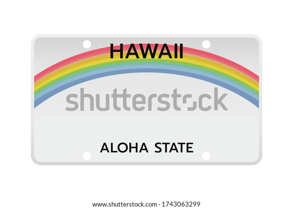 Vector\
illustration of license plate of american state of Hawaii isolated\
on white background. Car number with a\
rainbow.