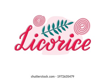 Vector illustration of licorice lettering for packages, product design, banner, spice shop, pharmacy price lists. Handwritten word with leaves for web or print
