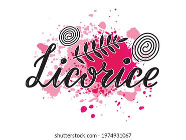 Vector illustration of licorice lettering for packages, product design, banner, spice shop, pharmacy price lists. Handwritten word with leaves for web or print
