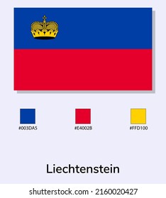 Ilustración vectorial de la bandera de Liechtenstein aislada en un fondo azul claro. Ilustración de la bandera de Liechtenstein con códigos de color. Lo más cerca posible del original. listo para usar, fácil de editar. 
