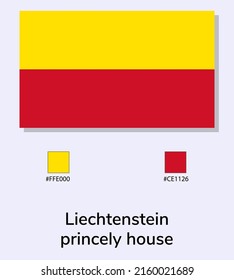 Vector Illustration of Liechtenstein princely house flag isolated on light blue background. Liechtenstein princely house flag with Color Codes. As close as possible to the original. 
