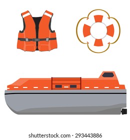 Vector illustration of life boat, life jacket and life buoy. Life guard. Life saver. Rescue boat. Life raft