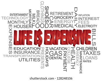 Vector Illustration of 'Life is Expensive' text in 3D with Word Cloud