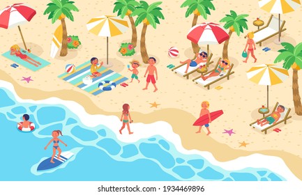 Vector illustration of the life scenery of many people who came to the sea in the summer (isometric)
