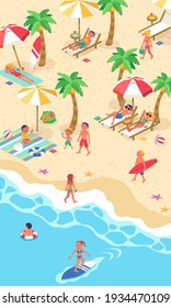 Vector illustration of the life scenery of many people who came to the sea in the summer (isometric)