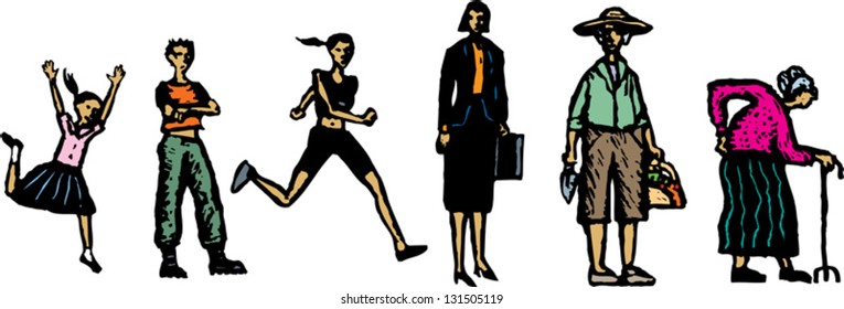 Vector illustration life stages from little girl to senior woman