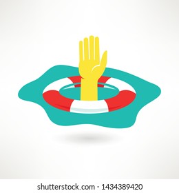 Vector  illustration of a lifebuoy floating on a surface. Red and white lifebuoy Emergency assistance to a customer concept.