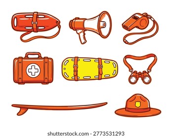 A vector illustration of lifeguard equipment, including a rescue buoy, megaphone, whistle, first aid kit, stretcher, binoculars, surfboard, and hat, all essential for water safety.