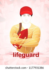 Vector illustration of a lifeguard in red cap holding rescue can with arms crossed. Concept of beach safety, water rescue, lifeguard duty, and coastal protection.
