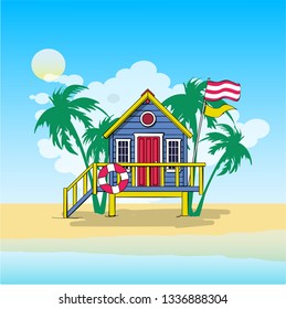Vector illustration lifeguard station on a beach with green palm and blue sea.   svg