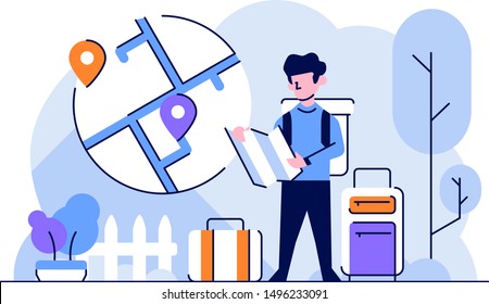 Vector Illustration Lifestyle traveler on vacation explore the destination with maps suitcase backpacker traveling flat and outline design style