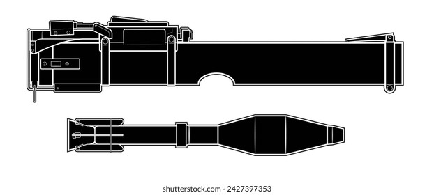 Vektor-Illustration der leichten Panzerabwehrwaffe (LAW) M72 Bazooka, gefaltet für den Transport und die Rakete. Schwarz. Rechte Seite.