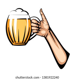 vector illustration of light beer mug in hand, isolated on white background