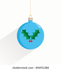 Vector illustration of a light blue Christmas bauble with a holly emblem