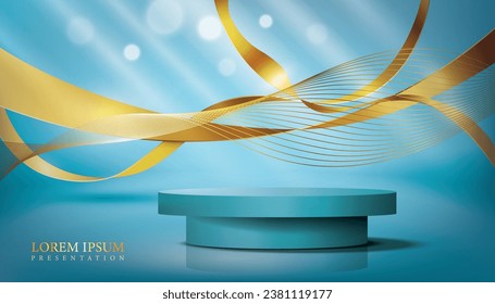 vector illustration light blue color presentation modern cylindrical podium and golden curve ribbons,light rays.use for award backdrop and cosmetic product marketing modern and creative banner.