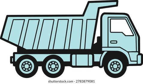 A vector illustration of a light blue dump truck with black outlines, featuring a raised bed and visible wheels.