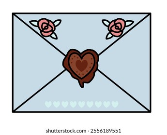 A vector illustration of a light blue envelope with pink rose details and a heart-shaped seal, isolated on a white background. Ideal for cards or invitations.