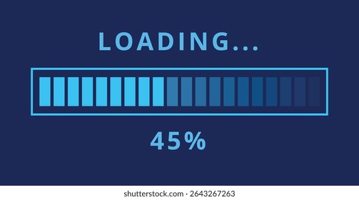 Vector illustration of light blue loading bar isolated on dark blue background for websites and graphic resources. Loading bar at 45% loaded.