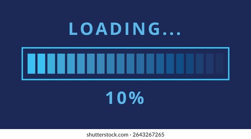 Vector illustration of light blue loading bar isolated on dark blue background for websites and graphic resources. Loading bar at 10% loaded.