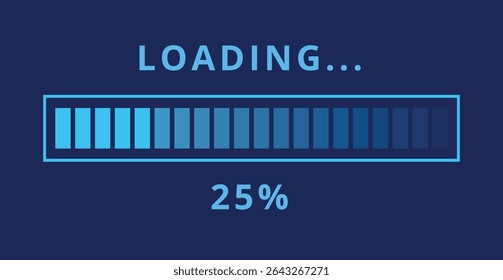 Vector illustration of light blue loading bar isolated on dark blue background for websites and graphic resources. Loading bar at 25% loaded.