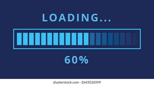 Vector illustration of light blue loading bar isolated on dark blue background for websites and graphic resources. Loading bar at 60% loaded.