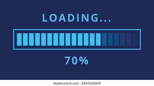 Vector illustration of light blue loading bar isolated on dark blue background for websites and graphic resources. Loading bar at 70% loaded.