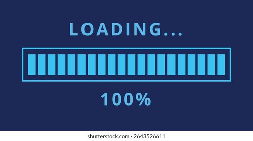 Vector illustration of light blue loading bar isolated on dark blue background for websites and graphic resources. Loading bar at 100% loaded.