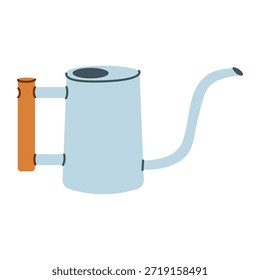Vector illustration of a light blue metal watering can with a long spout and a wooden handle, garden tool. Simple flat design for indoor and outdoor plant care.