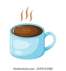 A vector illustration of a light blue mug filled with hot coffee, complete with steam rising from the surface. This image is perfect for conveying warmth and comfort in various design contexts.