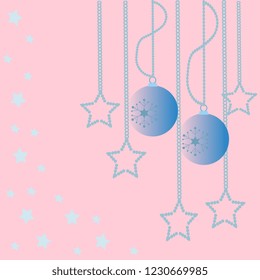 
Vector illustration with light blue pendants of Christmas toys and stars on a pink background, handmade, artistic. Cute design New Year greeting card.