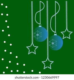 
Vector illustration with light blue pendants of Christmas toys and stars on a dark green background, handmade, artistic. Cute design New Year greeting card.