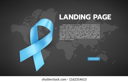 Vector illustration of light blue ribbon with mustache and world map. November - Prostate Cancer Awareness month. Men health awareness. Landing page.