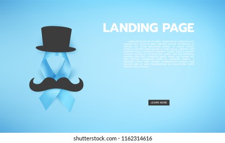 Vector illustration of light blue ribbon with mustache, hat and text. November - Prostate Cancer Awareness month. Men health awareness.