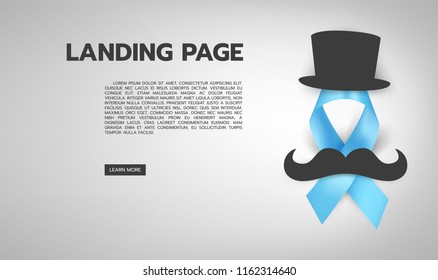 Vector illustration of light blue ribbon with mustache, hat and text. November - Prostate Cancer Awareness month. Men health awareness.