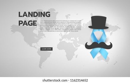 Vector illustration of light blue ribbon with mustache, hat.text and world map on backdrop. November - Prostate Cancer Awareness month. Men health awareness.