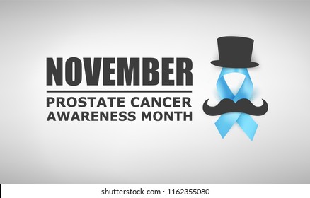 Vector illustration of light blue ribbon with mustache, hat and text. November - Prostate Cancer Awareness month. Men health awareness.