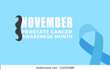 Vector illustration of light blue ribbon with mustache and text. November - Prostate Cancer Awareness month. Men health awareness.
